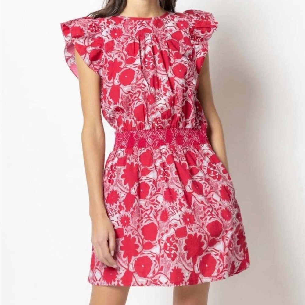 Lilla P red floral smocked waist cap flutter sleeve dress